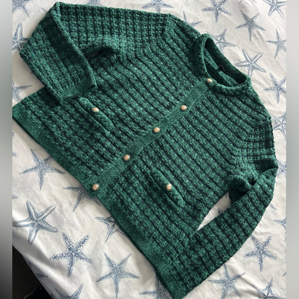 Talbots Chenille Cardigan Sweater Green Blue Metallic Thread Gold-Tone Buttons L - Picture 9 of 9